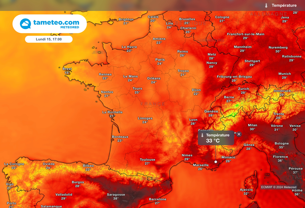 Maximales prévues ce lundi 15 juillet 2024. Maximales prévues ce lundi 15 juillet 2024.