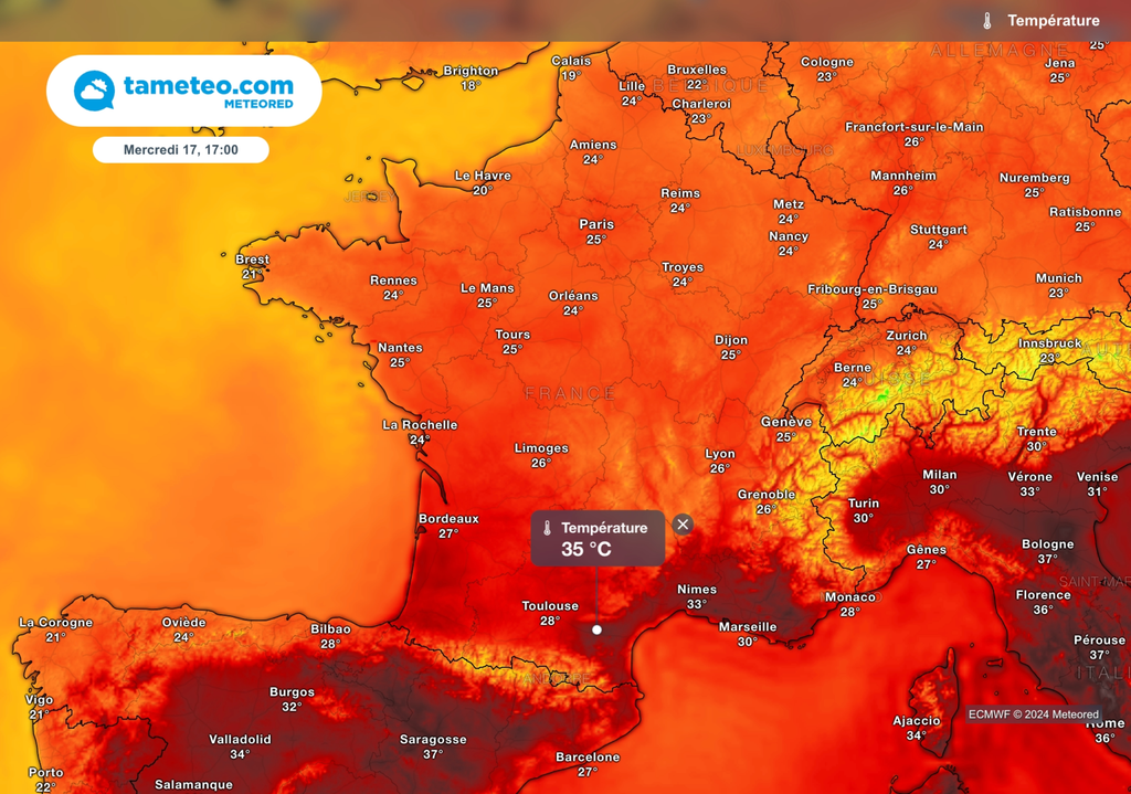 Des pointes à 35 degrés sont attendues mercredi après-midi en région Occitanie, notamment à Carcassonne. Des pointes à 35 degrés sont attendues mercredi après-midi en région Occitanie, notamment à Carcassonne.
