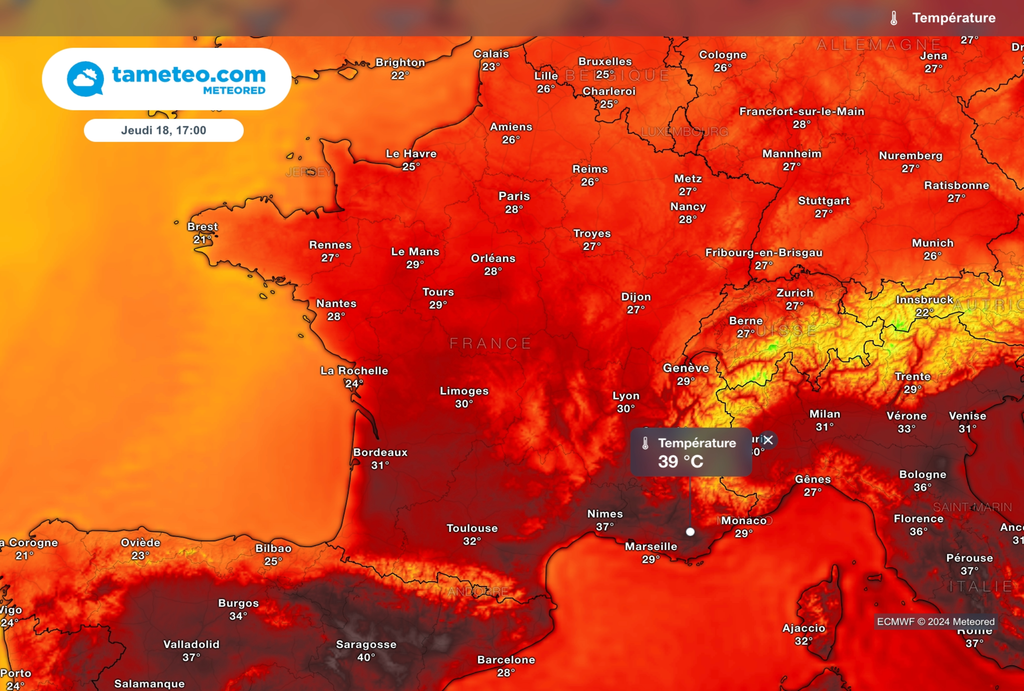 Près de 40 degrés dans le sud-est de la France ! Près de 40 degrés dans le sud-est de la France !