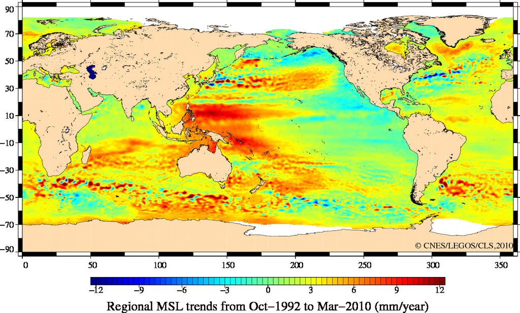 Tendencias del nivel del mar estimadas por satélite desde 1992 hasta 2010.