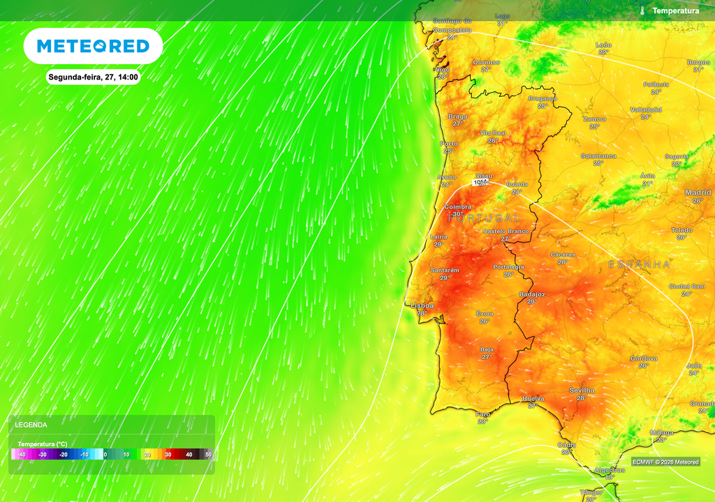Mapa de temperatura à superfície evidencia o momento de maior aquecimento do período, com valores próximos dos 30 ºC no interior Centro e Sul. A fraca intensidade do vento e a baixa humidade favorecem uma subida mais eficiente da temperatura durante a tarde, enquanto o litoral permanece condicionado pela influência marítima.