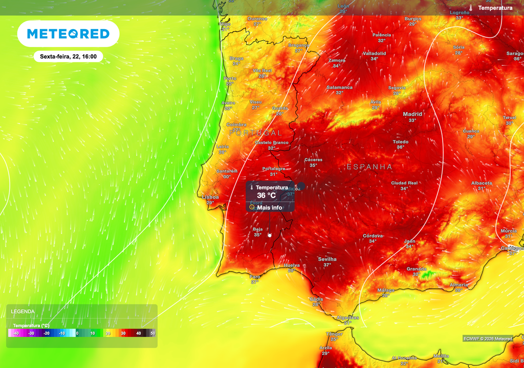 A previsão do ECMWF para a tarde de sexta-feira destaca o reforço do calor em Portugal continental, sobretudo no interior Sul. Os termómetros poderão atingir 35 a 36 ºC no Alentejo, enquanto várias regiões do interior Centro e do vale do Tejo deverão ultrapassar os 30 ºC sob influência de uma massa de ar mais quente associada ao bloqueio escandinavo.