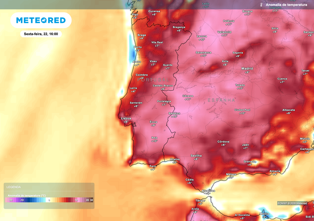 O mapa de anomalia térmica previsto para a tarde de sexta-feira evidencia um episódio de calor acima do normal para a época em Portugal continental. Em várias regiões do interior Norte, Centro e Sul, as temperaturas poderão situar-se entre 6 e 10 ºC acima da média climatológica, com os desvios mais expressivos a ocorrer junto à fronteira leste e no Alentejo.