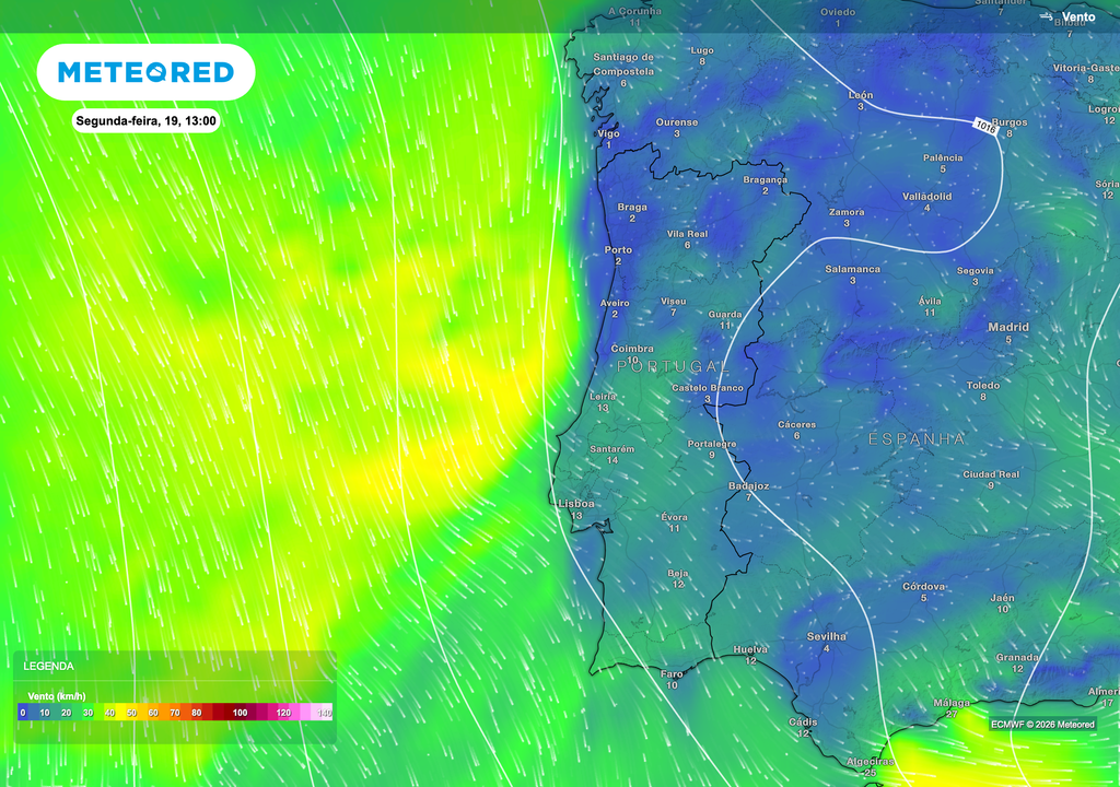 Vento de oeste intensifica-se no litoral na tarde de segunda-feira