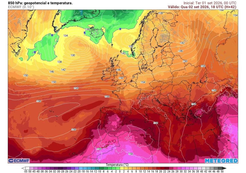 Geopotencial e temperatura 850 hPa Uma massa de ar muito quente proveniente do Norte de África começa a avançar sobre a Península Ibérica. Esta advecção será responsável pela forte subida das temperaturas prevista para quinta-feira.