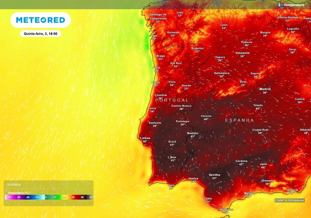 O calor atinge o pico na quinta-feira, com grande parte do interior a ultrapassar os 35 ºC e no Alentejo vários locais poderão chegar ou superar os 40 ºC, pontualmente com valores ainda mais elevados.
