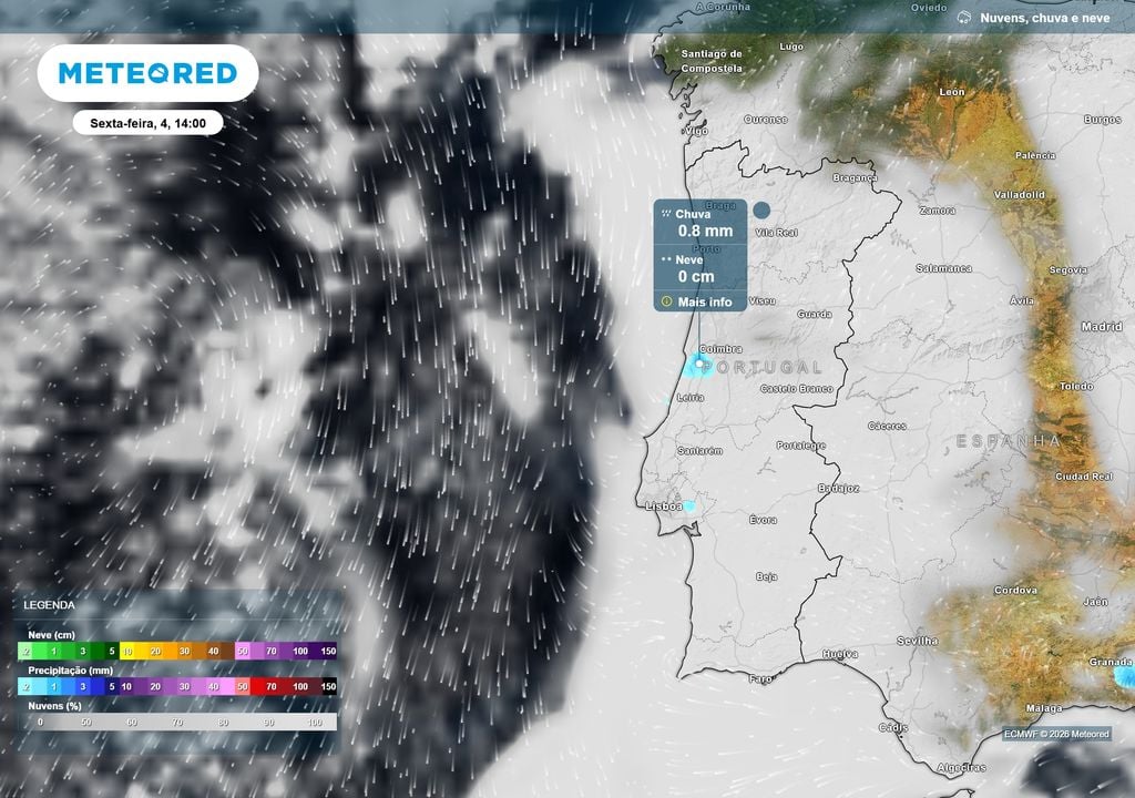 Chuva e nuvens Na sexta-feira surgem os primeiros sinais de mudança, com aumento da nebulosidade e possibilidade de precipitação fraca e dispersa, enquanto o ambiente permanece quente.