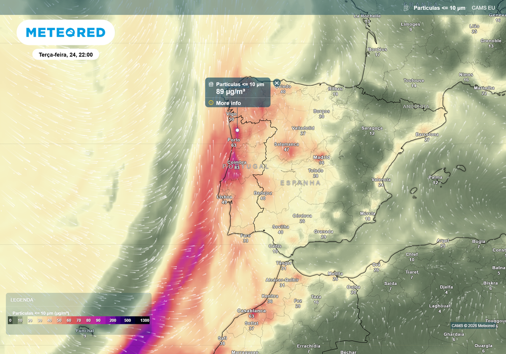 Elevada concentração de poeiras do Saara sobretudo na faixa costeira, com degradação da qualidade do ar e possibilidade de deposição de “chuva de barro”.