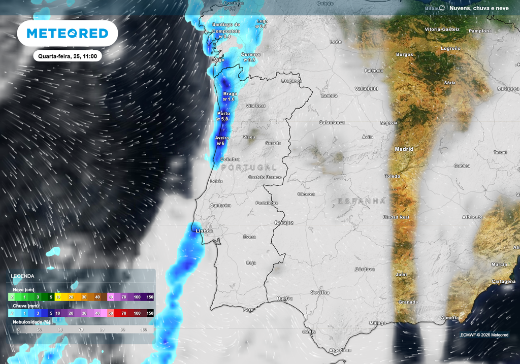 Precipitação concentrada no litoral Norte, Centro e região de Lisboa, associada à passagem de uma frente atlântica ativa.
