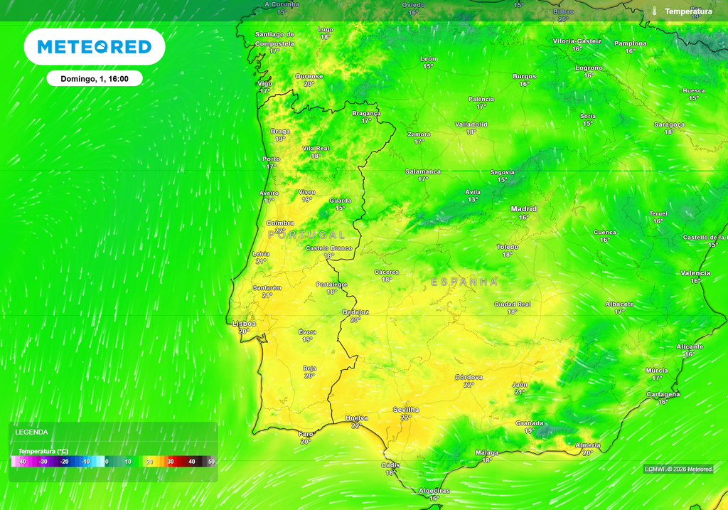 Valores amenos e acima da média para a época, com máximas entre 18 °C e 22 °C no Centro e Sul antes da possível mudança de padrão.
