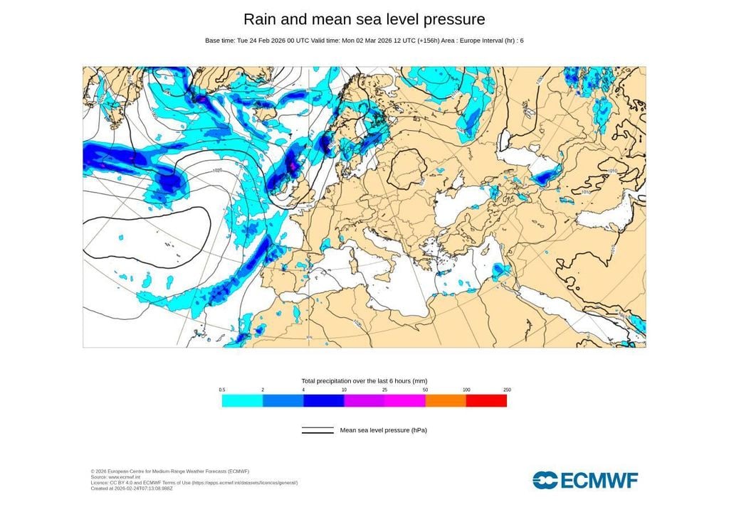 Possível nova frente atlântica a aproximar-se da Península Ibérica. Cenário de médio prazo sujeito a incerteza e ajustes nas próximas atualizações.