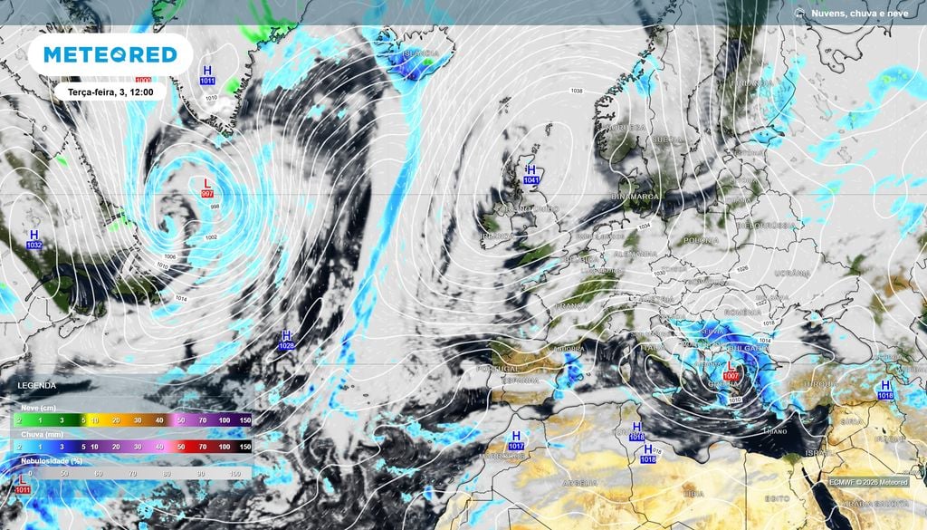 Anticiclone robusto (1041 hPa) deslocado para norte e centrado nas Ilhas Britânicas na terça-feira, 3 de novembro.