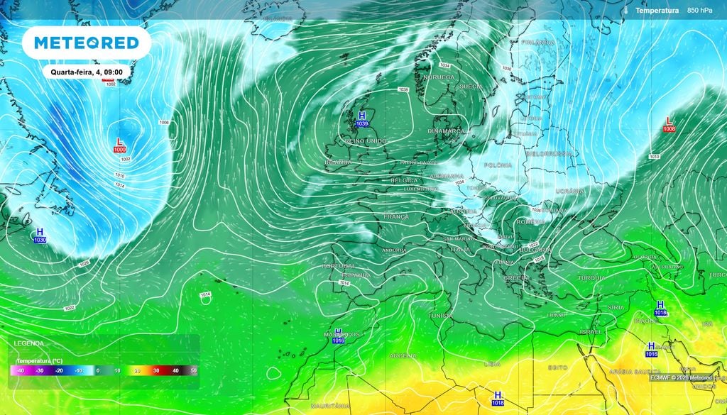 A extensa 'língua' de ar frio e seco, de origem polar continental, passará "de raspão" em Portugal continental. Mapa de temperatura a 1500 metros de altitude.