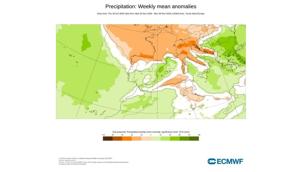 Anomalia positiva de chuva indica probabilidade de precipitação superior à média climática de referência na primeira semana de novembro na metade sul de Portugal continental.