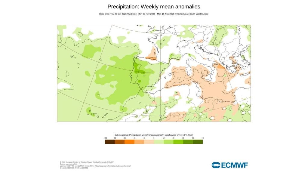 Portugal continental "manchado" de verde na segunda semana de novembro. O ECMWF sugere um regresso da precipitação mais generalizada ao nosso país entre 9 e 16 de novembro.