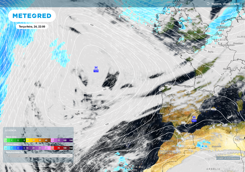 Mapa sinóptico previsto para 24 de março indica ausência de sistemas frontais significativos sobre Portugal, sugerindo um período mais seco e estável.