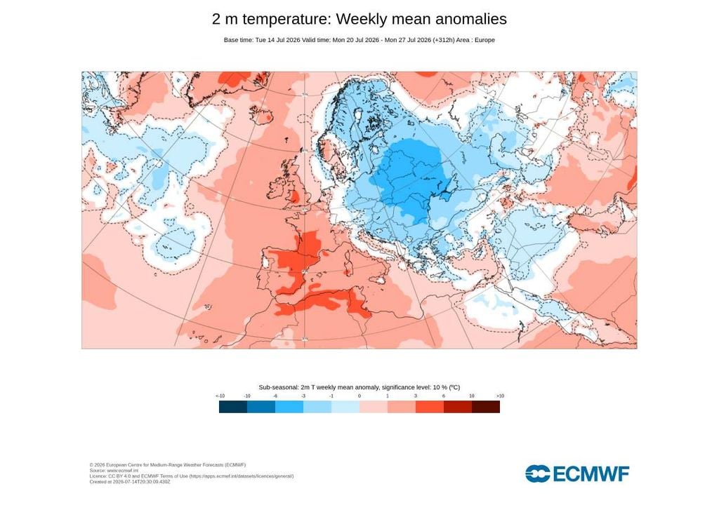 O ECMWF prevê que a semana de 20 a 27 de julho apresente temperaturas médias acima do normal em grande parte de Portugal continental, com anomalias positivas entre cerca de 1 e 3 °C.