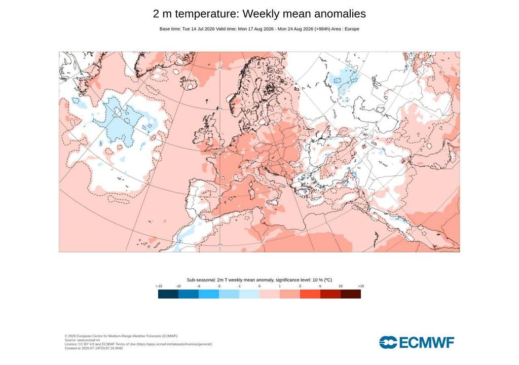 Anomalia da temperatura 17-24 de agosto Na segunda quinzena de agosto, as anomalias positivas diminuem significativamente. Os tons brancos sobre Portugal indicam uma temperatura média semanal próxima da normal climatológica.