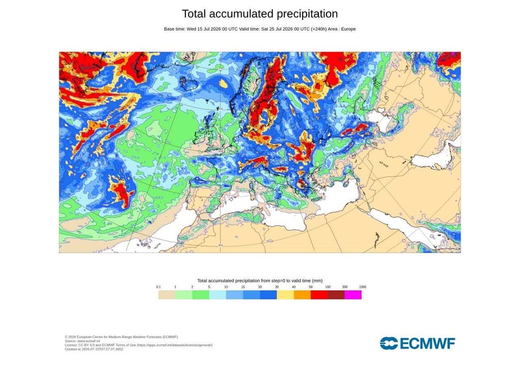 Precipitação acumulada O modelo prevê apenas precipitação fraca e pontual na fachada ocidental e no Norte de Portugal. Grande parte do interior deverá manter-se praticamente sem chuva durante este período.