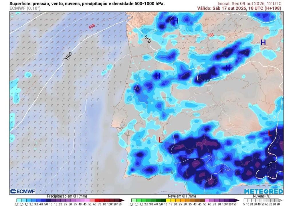As últimas projeções do ECMWF começam a mostrar o regresso da precipitação por volta de 16/17 de outubro, embora a localização e intensidade da chuva ainda apresentem incerteza.