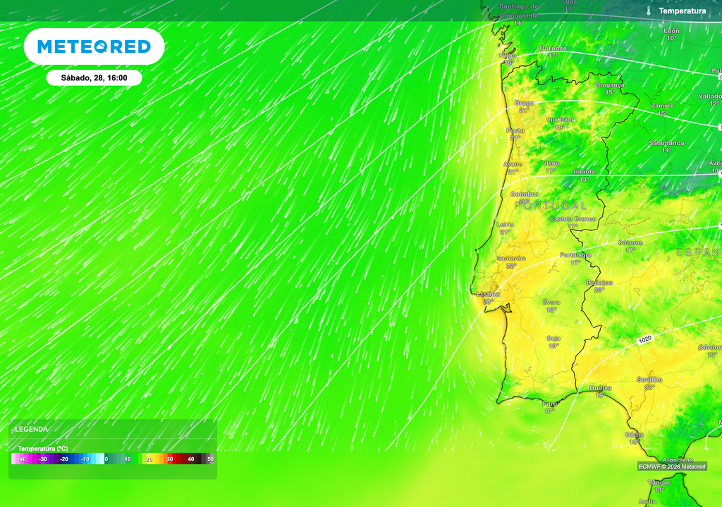 Temperatura prevista à superfície para sábado, 28, às 16h (modelo ECMWF). Observa-se a presença de valores amenos em Portugal, com máximas próximas dos 18 a 22 °C, localmente superiores no interior sul. O fluxo de nordeste, visível nas linhas de corrente, reflete a influência do anticiclone a oeste da Península Ibérica, favorecendo condições estáveis, céu pouco nublado e ausência de precipitação significativa.