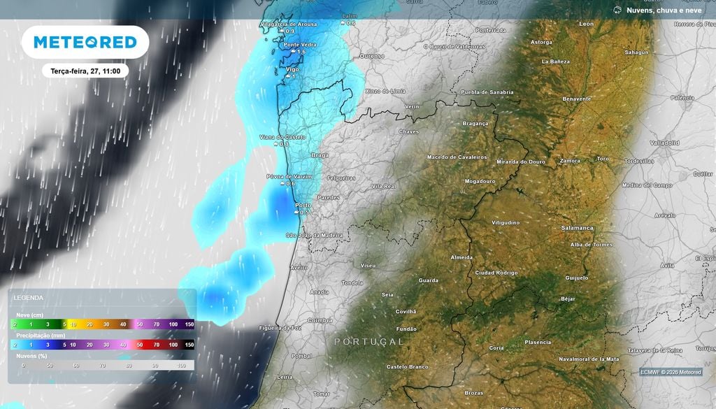 Chuva (mm) Uma frente fria pouco ativa traz chuva ao Norte e Centro esta terça-feira, sobretudo aos distritos do litoral, enquanto o Sul permanece mais seco e com maiores abertas.