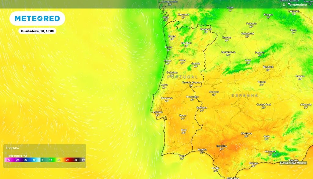 Temperatura A estabilidade regressa na quarta-feira e as temperaturas começam a subir: Lisboa e vários pontos do Alentejo poderão alcançar máximas de 24 a 25 ºC.