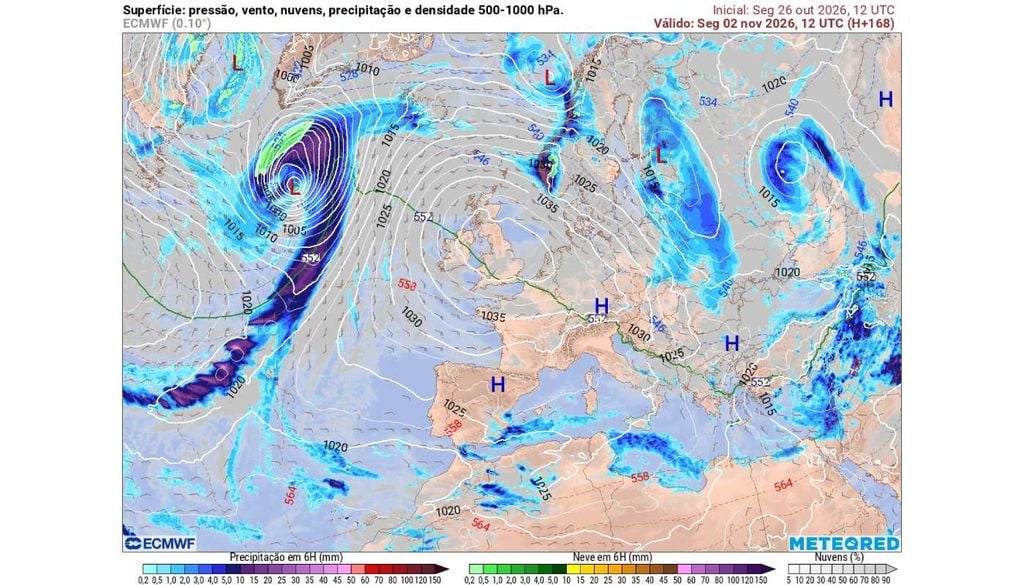 Situação sinótica Novembro poderá começar sob a influência de um robusto anticiclone centrado nas Ilhas Britânicas e estendido em direção à Península Ibérica, favorecendo a persistência de tempo estável em Portugal.