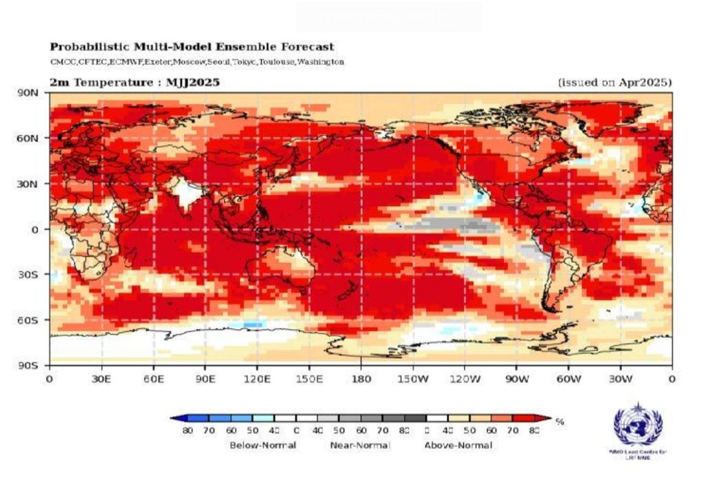 Alors que le centre de l'océan Pacifique devrait rester en situation neutre, les secteurs est et ouest seront plus chauds, tout comme les océans Atlantique tropical nord et sud ainsi que l'océan Indien. Les régions où des températures inférieures aux normales sont prévues resteront presque imperceptibles. Crédit : OMM Alors que le centre de l'océan Pacifique devrait rester en situation neutre, les secteurs est et ouest seront plus chauds, tout comme les océans Atlantique tropical nord et sud ainsi que l'océan Indien. Les régions où des températures inférieures aux normales sont prévues resteront presque imperceptibles. Crédit : OMM