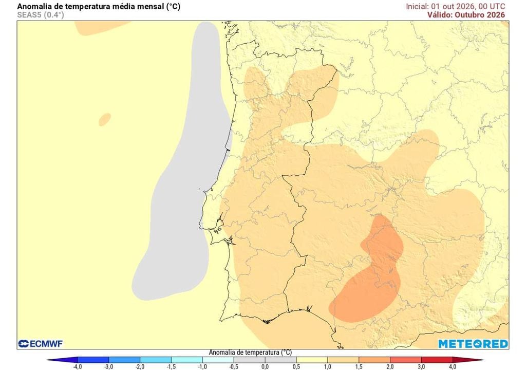 Anomalia mensal da Temperatura Outubro apresenta uma tendência mais quente do que o normal em Portugal, com anomalias próximas de +1,5 ºC em várias regiões do interior.