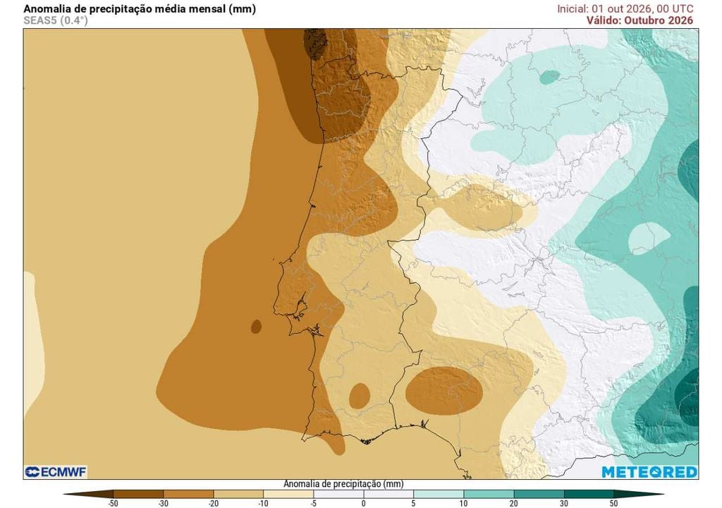 Anomalia mensal da precipitação A precipitação poderá ficar abaixo da média em outubro, sobretudo no Noroeste, onde o défice mensal poderá atingir cerca de 20 a 30 mm em algumas áreas.