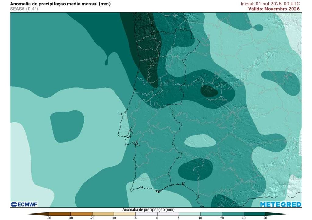 Anomalia mensal da precipitação Novembro poderá inverter completamente a tendência de outubro, com chuva acima da média em praticamente todo o país e anomalias superiores a +50 mm em partes do Noroeste.