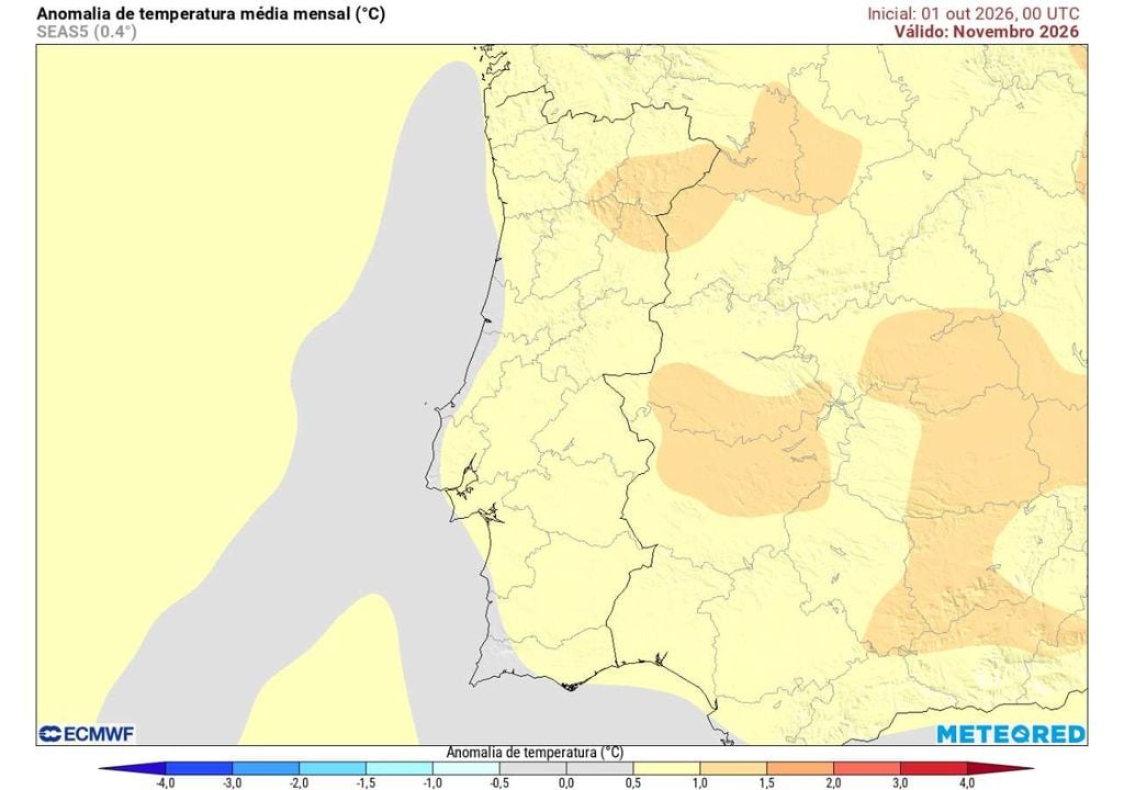Anomalia mensal da temperatura As temperaturas deverão apresentar desvios pouco expressivos em novembro, com grande parte de Portugal próxima ou ligeiramente acima da média climatológica.