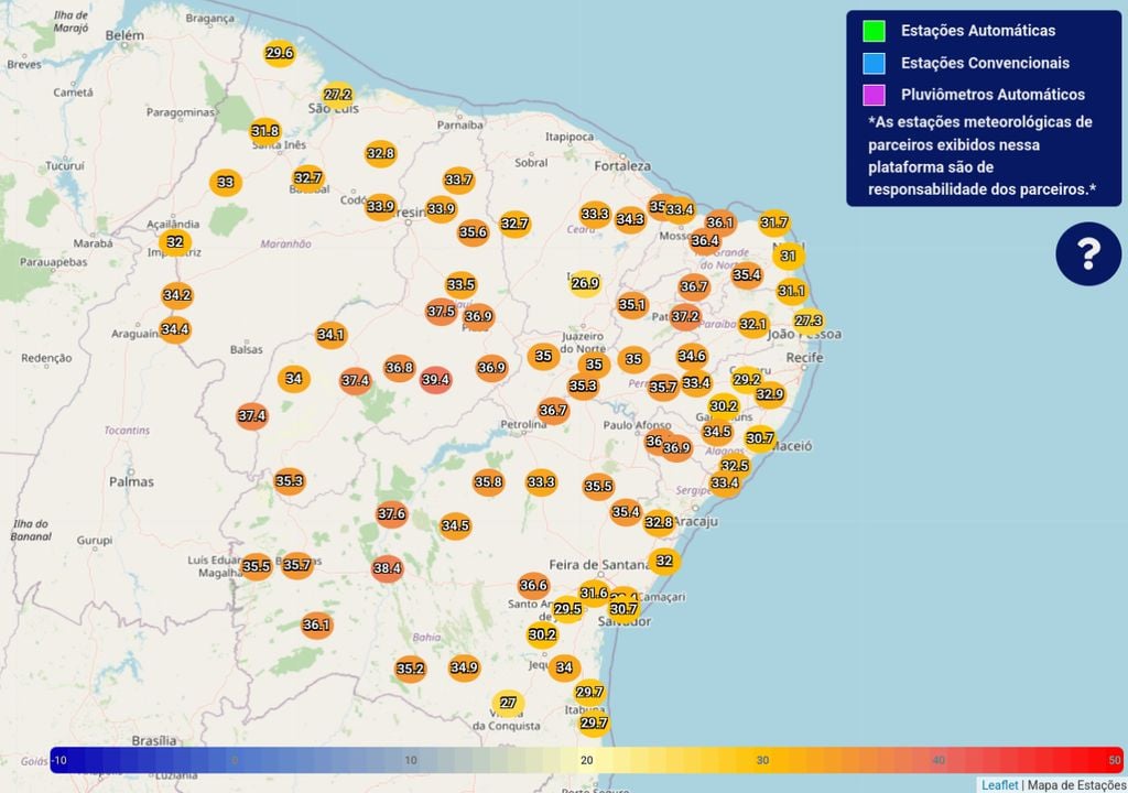 Temperaturas extremas registradas na quarta-feira (09) pelas estações do Instituto Nacional de Meteorologia (INMET), com destaque para 39,4°C em São João do Piauí (PI). Temperaturas extremas registradas na quarta-feira (09) pelas estações do Instituto Nacional de Meteorologia (INMET), com destaque para 39,4°C em São João do Piauí (PI).