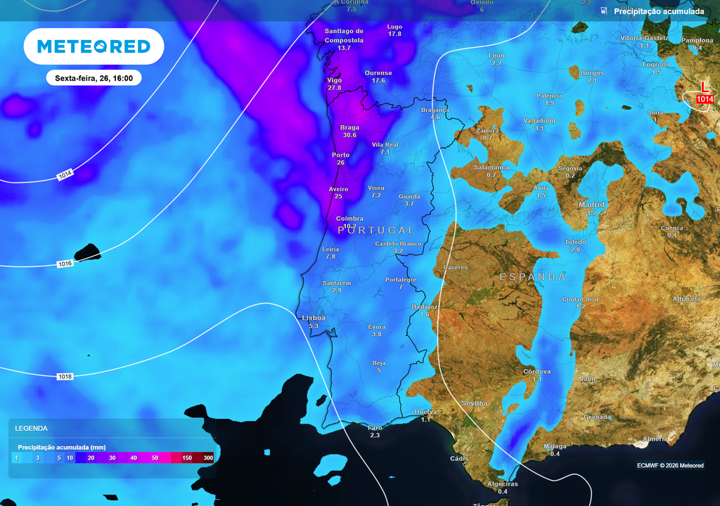 Os maiores acumulados de precipitação até ao final de sexta-feira deverão concentrar-se no litoral Norte e Centro, onde poderão superar localmente os 25 a 30 mm.