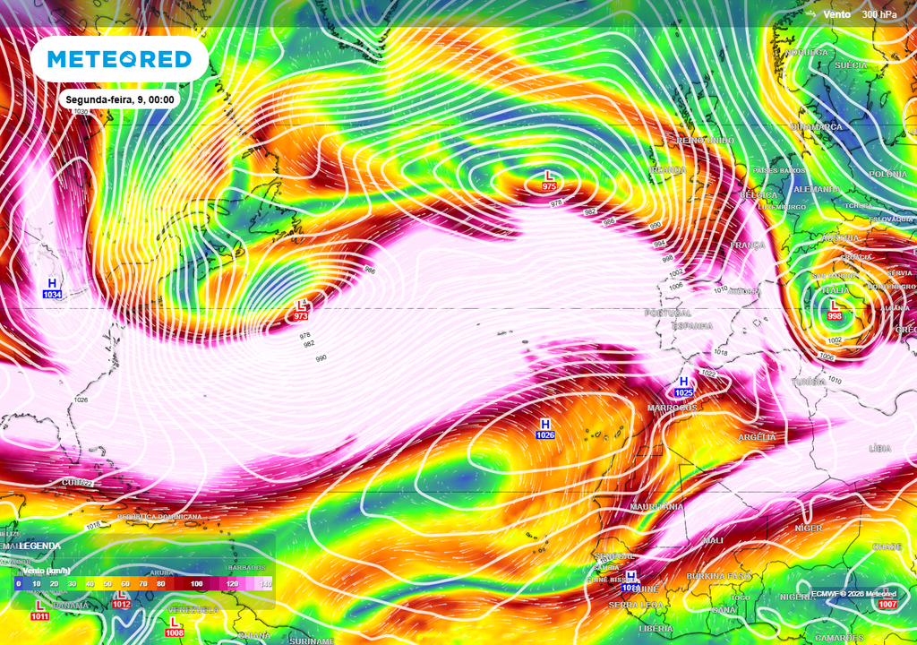 A mudança na dinâmica atmosférica para meados de fevereiro estaria ligada a uma reconfiguração da corrente de jato polar, que tenderia a deslocar-se para latitudes mais altas, reduzindo a chegada direta de sistemas frontais até Portugal. Não obstante, tal como se aprecia neste mapa da Meteored, o jato polar e as tempestades atlânticas continuarão a circular mais a sul do que o normal, pelo menos durante mais uma semana.