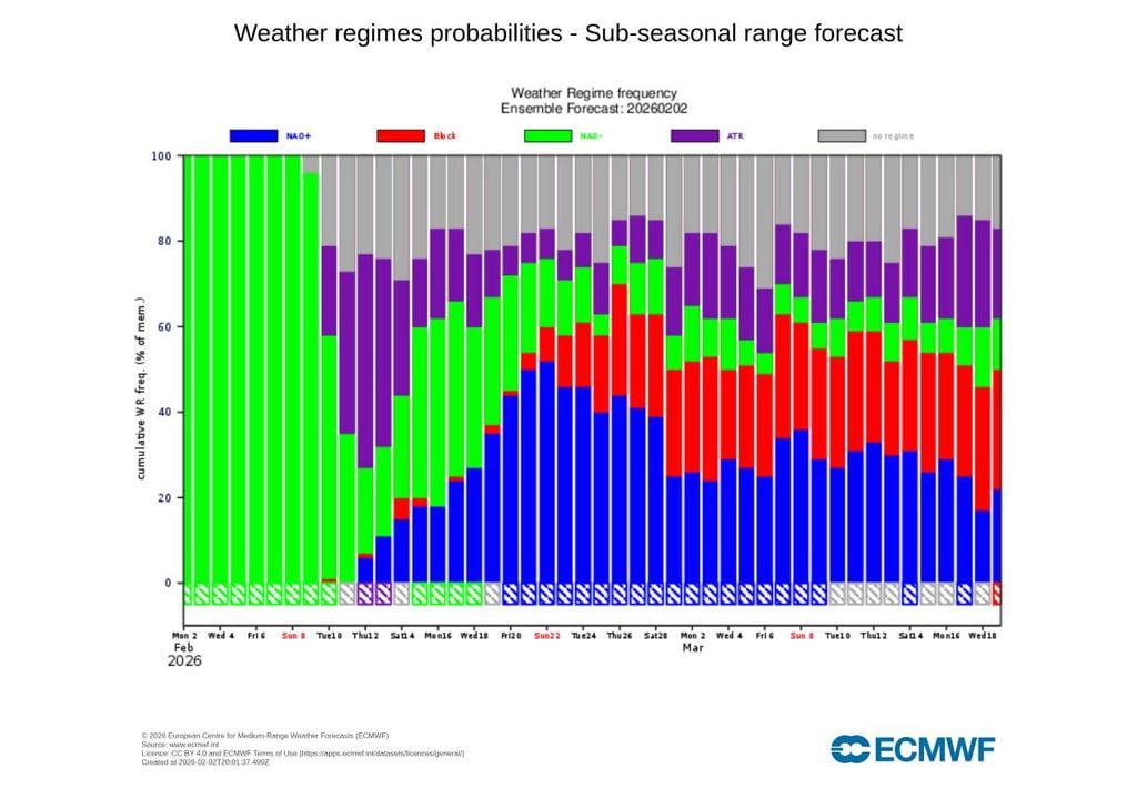 Com o domínio vincado de um padrão NAO negativa (representado a verde neste gráfico), tempestades como Leonardo continuarão a afetar Portugal com os seus sistemas frontais associados, pelo menos durante mais uma semana.
