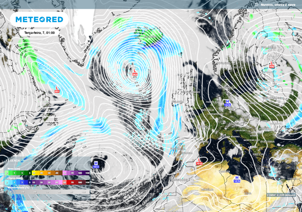 O que se vislumbra para os primeiros dias da próxima semana é um anticiclone dos Açores ligeiramente menos robusto e algo mais desviado para oeste, favorecendo a chegada de uma frente fria gerada por uma depressão atlântica muito cavada (pressão mínima central 969 hPa), que deixará precipitação em Portugal continental. Isto ocorrerá temporariamente devido ao padrão de bloqueio na zona Euro-Atlântica.