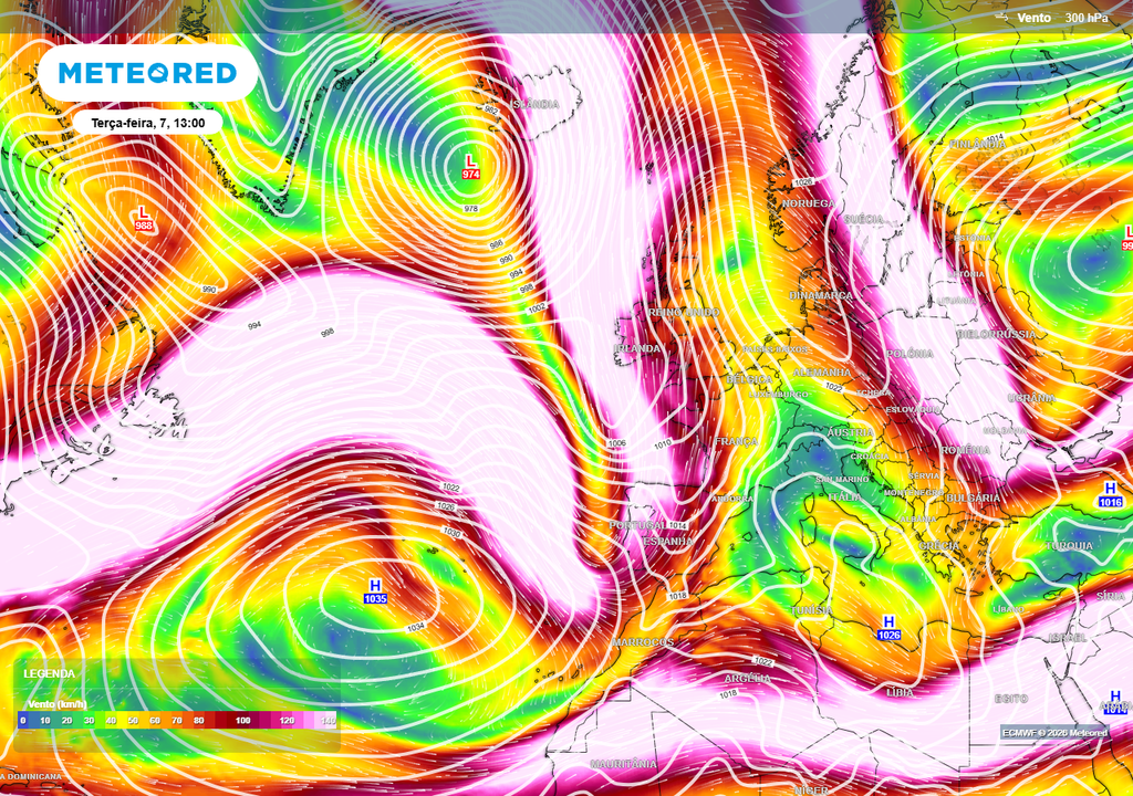 Ao gerar uma ondulação mais vincada, o jato polar agitará a atmosfera, fazendo com que a região de altas pressões que por agora mantém o tempo estável se divida em duas partes (uma mais para oeste, sobre o Atlântico) e outra mais para leste (sobre a Europa Central). Isto será favorável à ‘intromissão’ da frente fria da já referida depressão entre as duas zonas de altas pressões, cujo centro se posicionará a sul da Islândia e a noroeste da Irlanda e Reino Unido.