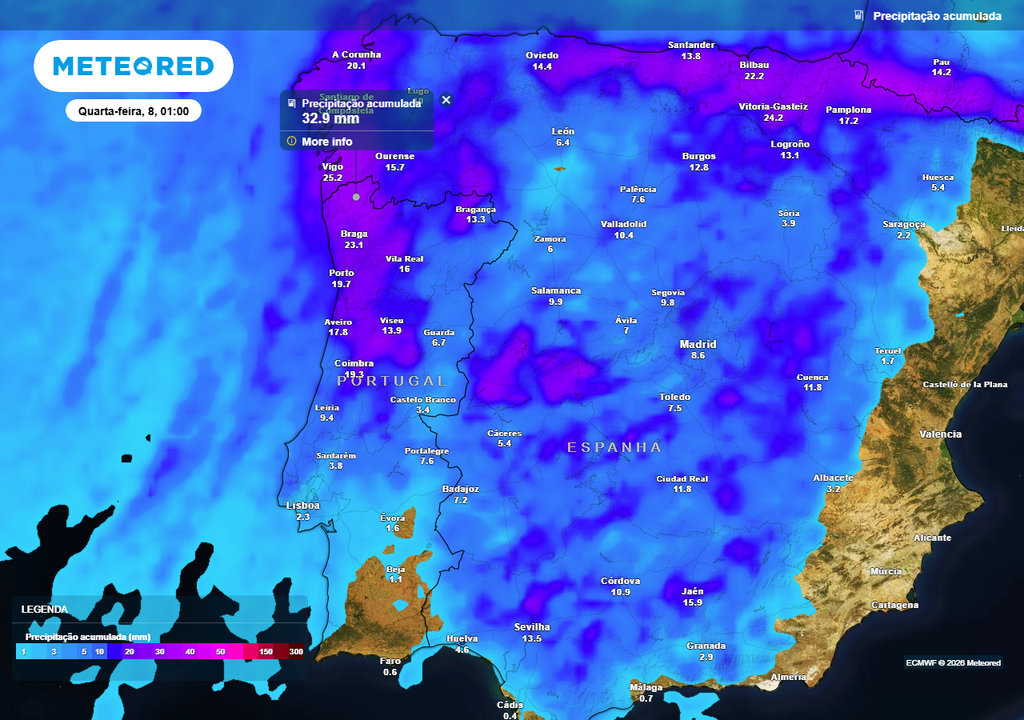 Em alguns locais do Minho, a precipitação acumulada poderá ser superior a 30 mm na madrugada de quarta-feira, 8 de abril.