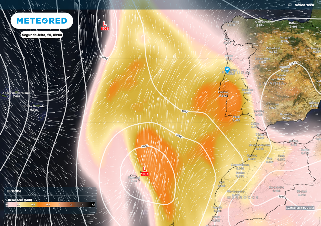 Embora ainda exista alguma incerteza, os mapas antecipam uma intrusão maciça de poeiras do Saara em Portugal continental no início da próxima semana, impulsionadas por uma depressão e pelo fluxo associado de Sul/Sueste/Sudoeste.
