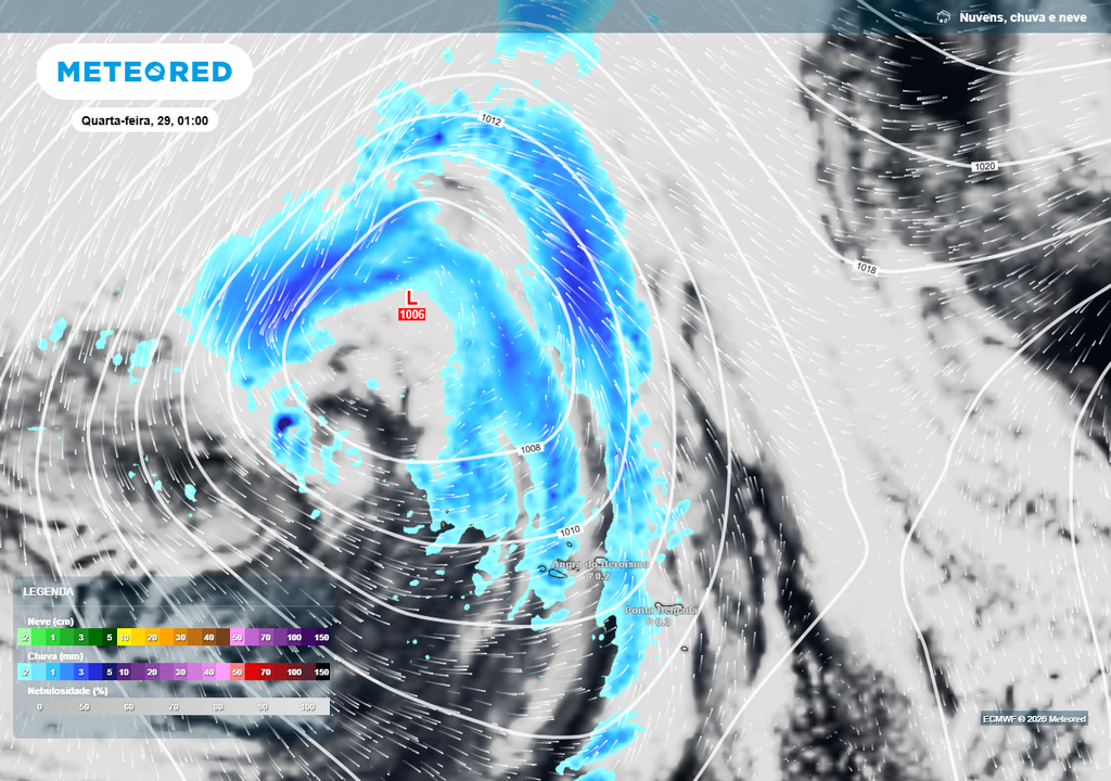 Sistema depressionário a surgir sobre os Açores entre terça e quarta-feira, dias 28 e 29 de abril.