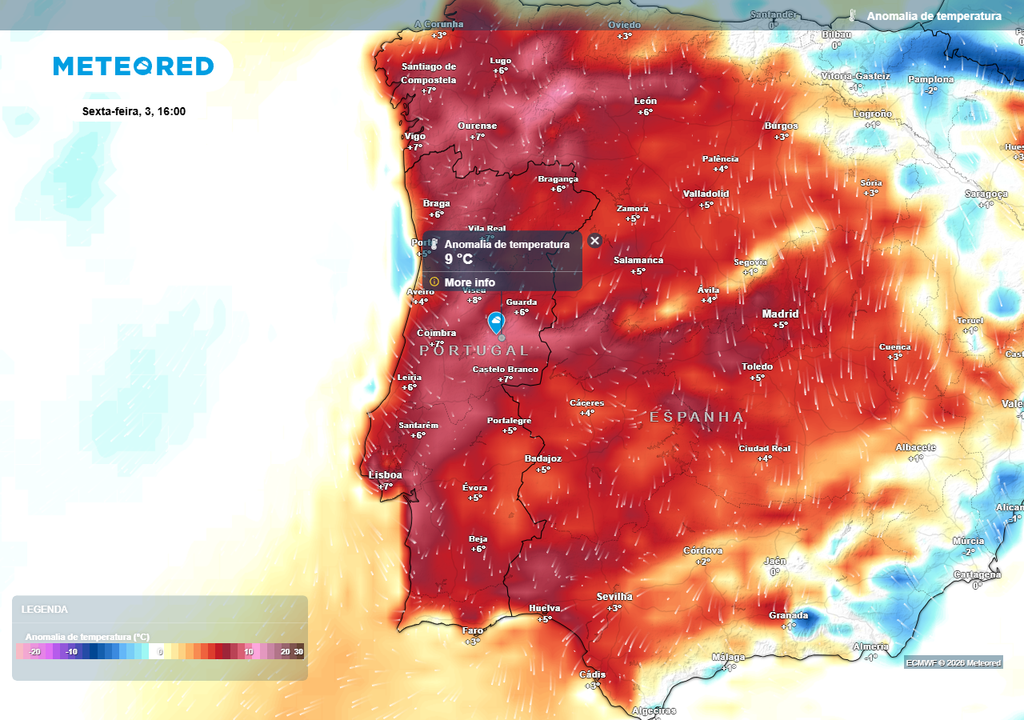 A variável da anomalia da temperatura corresponde à diferença entre os valores previstos e os valores médios na normal climatológica de referência. Para a Sexta-feira Santa, 3 de abril, observa-se a possibilidade de poderem vir a ser atingidos até 8 ou 9 ºC acima da média em várias zonas do país.