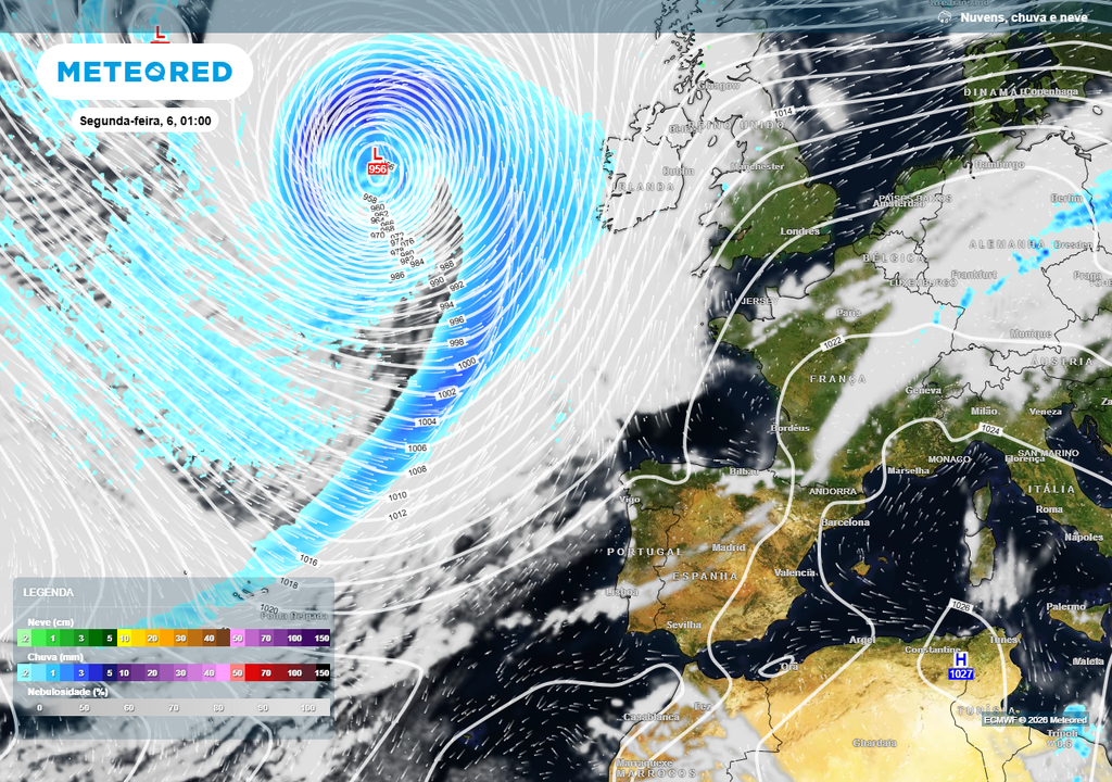Depressão atlântica muito cavada na segunda-feira, 6 de abril, situada a oeste da Irlanda. Nesta altura prevê-se que já tenha sofrido um processo de ciclogénese explosiva que ocorre quando se dá uma diminuição muito acentuada da pressão atmosférica no centro de uma depressão (pelo menos 24 hPa) num curto intervalo de tempo (geralmente em torno de 24 horas).