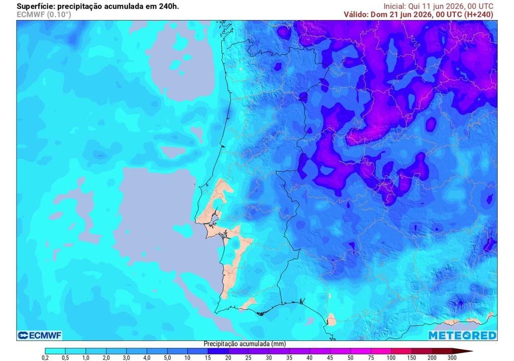 Precipitação acumulada Os mais recentes cálculos do ECMWF sugerem uma distribuição mais abrangente da chuva entre 19 e 22 de junho, podendo alcançar também regiões do Sul, embora os maiores acumulados permaneçam no Norte e Centro Interior.