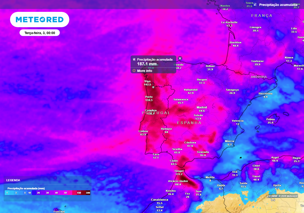 Os próximos dias e semanas continuarão a ser tendencialmente chuvosos. A precipitação dever-se-á, em boa parte, à chegada quase contínua de rios de humidade que tornarão a precipitação mais persistente e abundante.