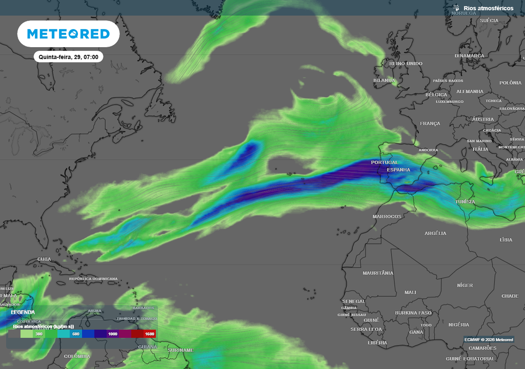 Neste mapa observa-se um enorme rio de humidade que liga a área geográfica das Caraíbas a Portugal e a outros países europeus, como Espanha ou Grécia.