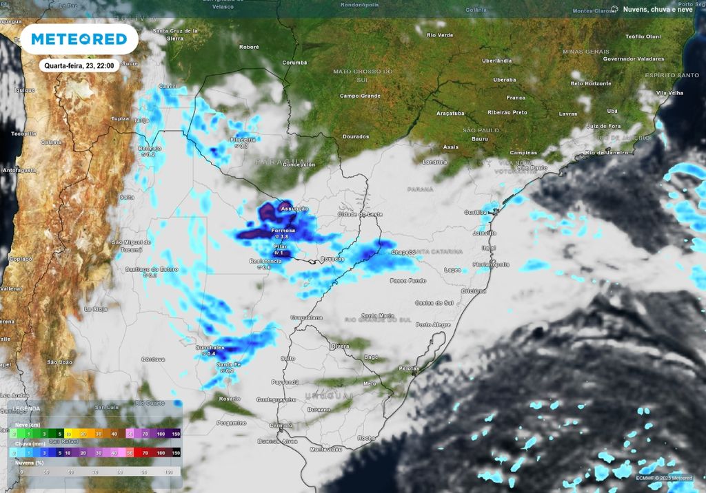 Previsão de chuva e nebulosidade na quarta-feira (23), de acordo com o ECMWF. Previsão de chuva e nebulosidade na quarta-feira (23), de acordo com o ECMWF.