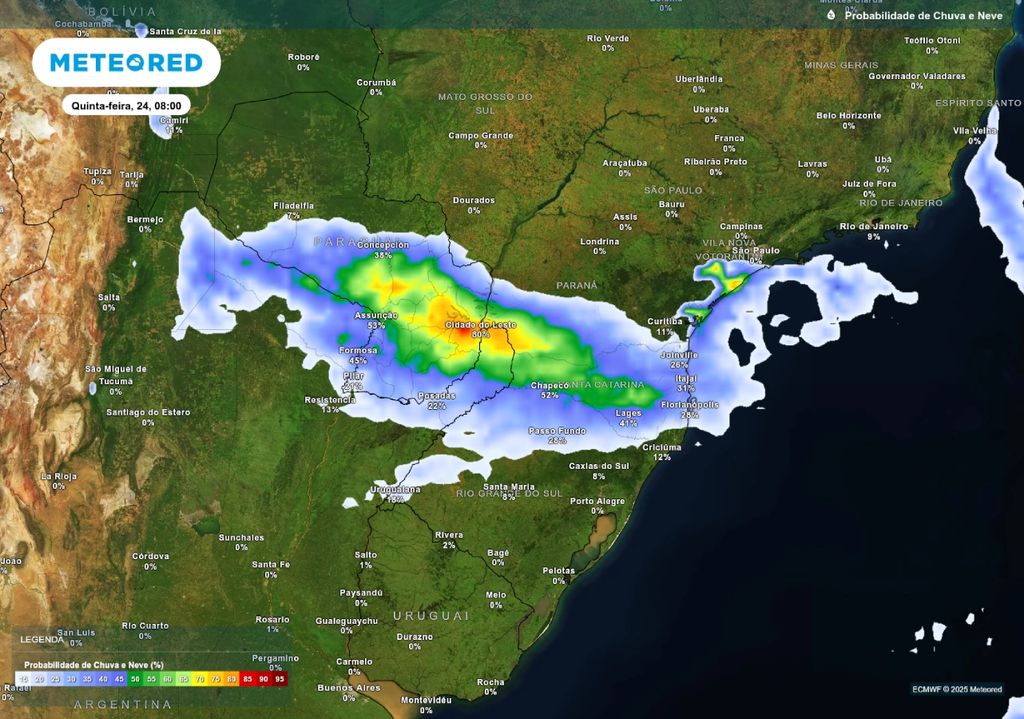 Previsão de probabilidade de chuva na quinta-feira (24), de acordo com o ECMWF. Previsão de probabilidade de chuva na quinta-feira (24), de acordo com o ECMWF.