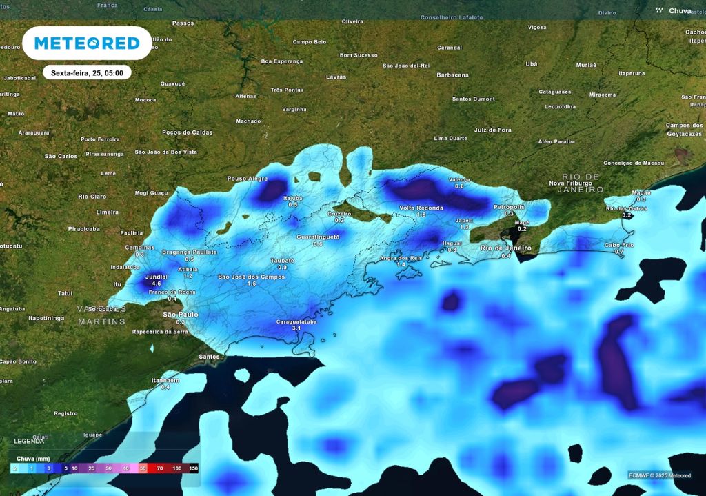 Previsão de chuva na sexta-feira (24), de acordo com o ECMWF. Previsão de chuva na sexta-feira (24), de acordo com o ECMWF.